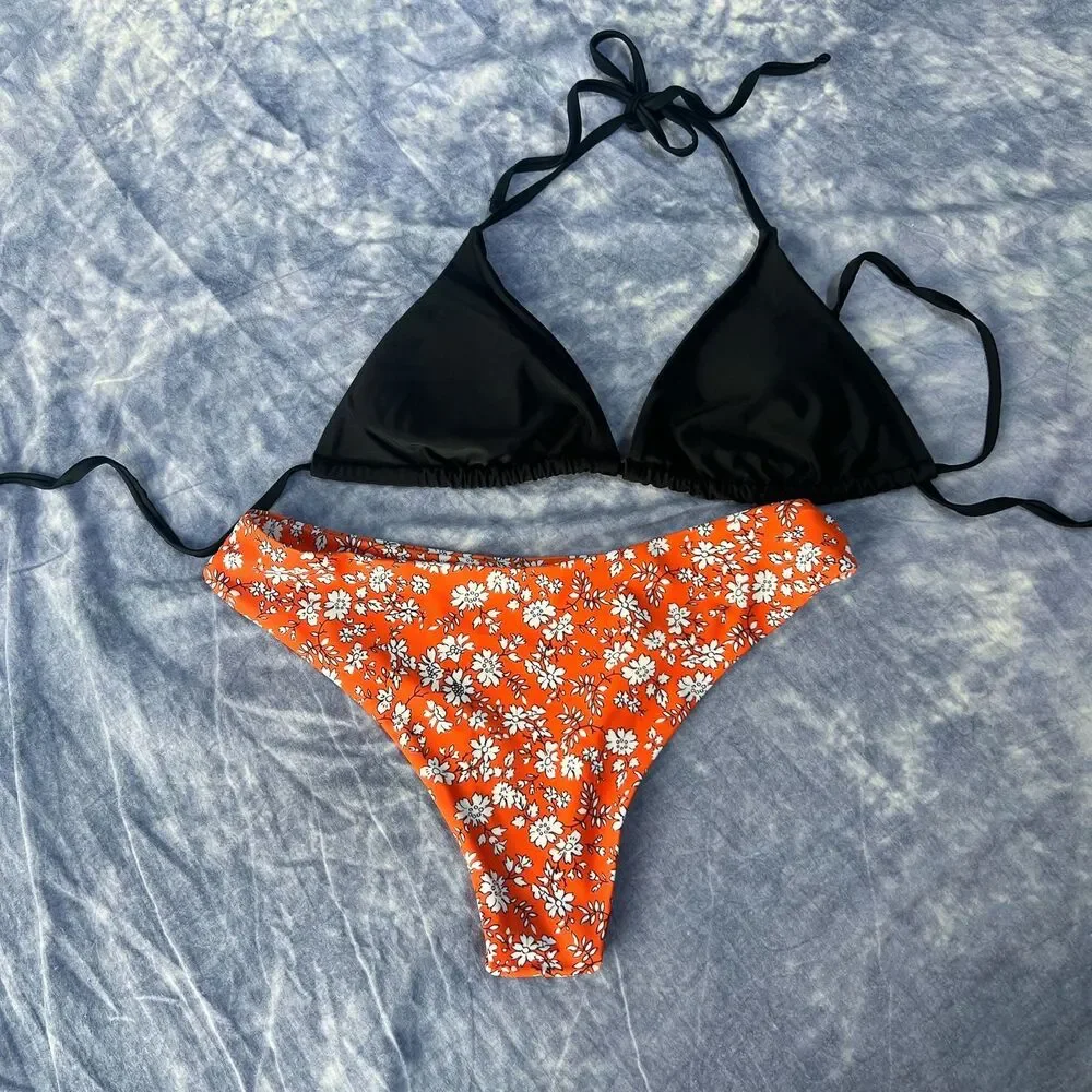 ROMWE ZAFUL  Bikini Women's size M Black Top Orange Floral Print